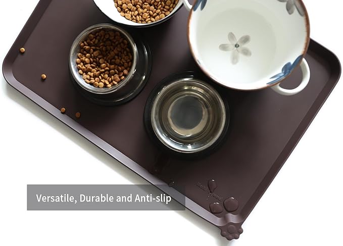 Hoki Found Large Silicone Pet Food Mats Tray - Non Slip Pet Dog Cat Bowl Mats Placemat - Dog Pet Cat Feeding Mat - Waterproof Dog Cat Food Mats -Pet Water Mats for Floors - Dark Oak