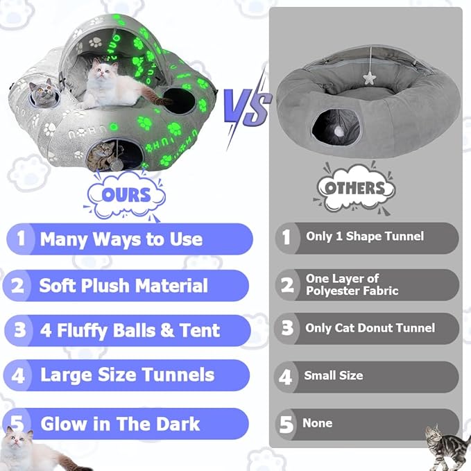 Cat Tunnel Bed, Cat Tunnels for Indoor Cats, Cat Donut Tunnel Toy with Washable Circle Cushion, Straight Shaped Tunnel, 4 Fluffy Balls, Blackout Tent, Self-Luminous Cat Toys（Grey）