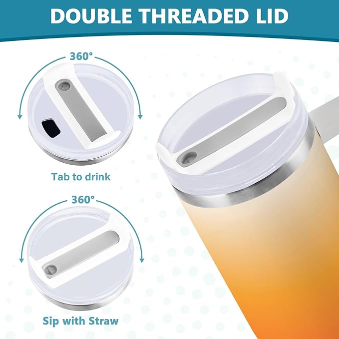 Boccsty Color Gradient Orange Blue Insulated Tumblers Reusable Stainless Steel Tumbler 40 oz Cup Coffee Travel Mug Water Bottle with Handle & Flip Straw for Home Office Car