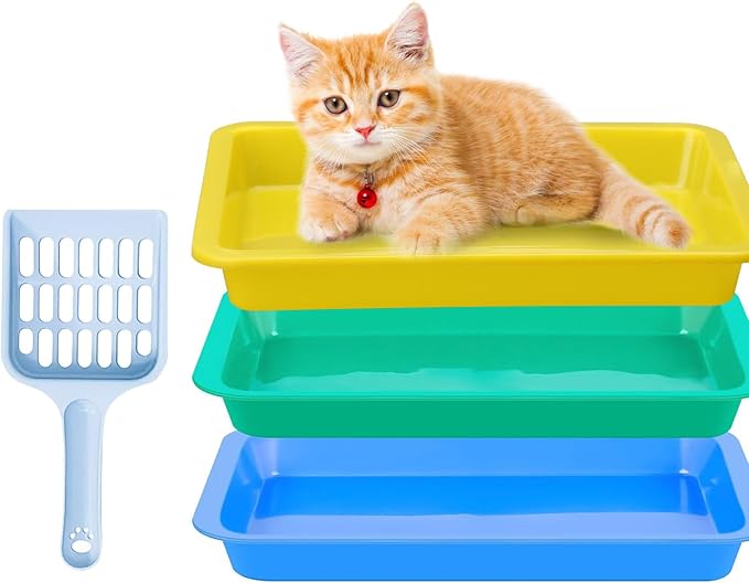3 Pcs Kitten Litter Box,Plastic Portable Small Litter Pan Low Entry Waterproof Bunny Cat Litter Box,Multi Color Nonstick Litter Tray Travel Toilet for Small Pet Guinea Pig Rabbit