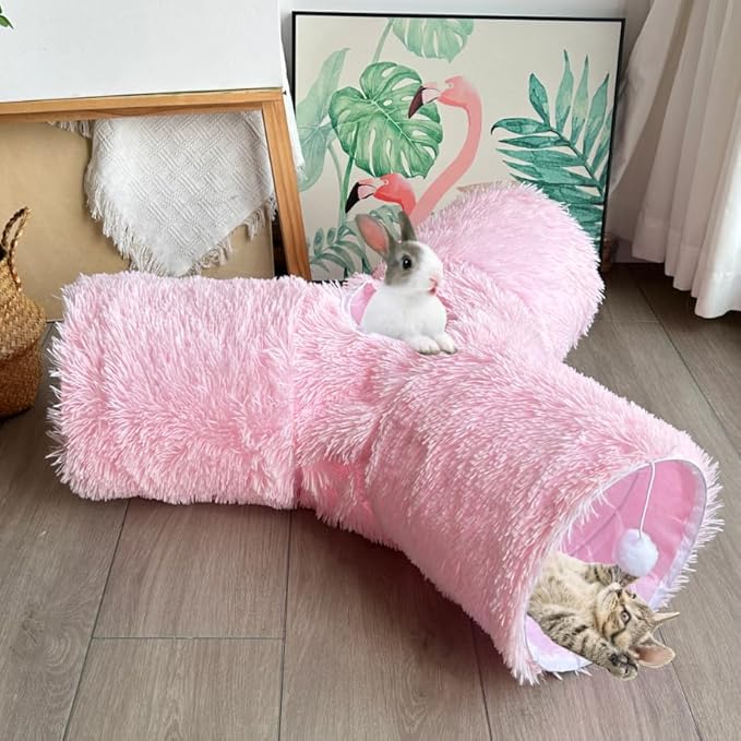 Cat Tunnel Tube Toys, Tunnels for Indoor Cats Soft Warm Pink Plush, 3 Way Collapsible Interactive Toy Maze House with Peek Hole Dangling Ball for Rabbit, Puppy, Kitty, Kittens