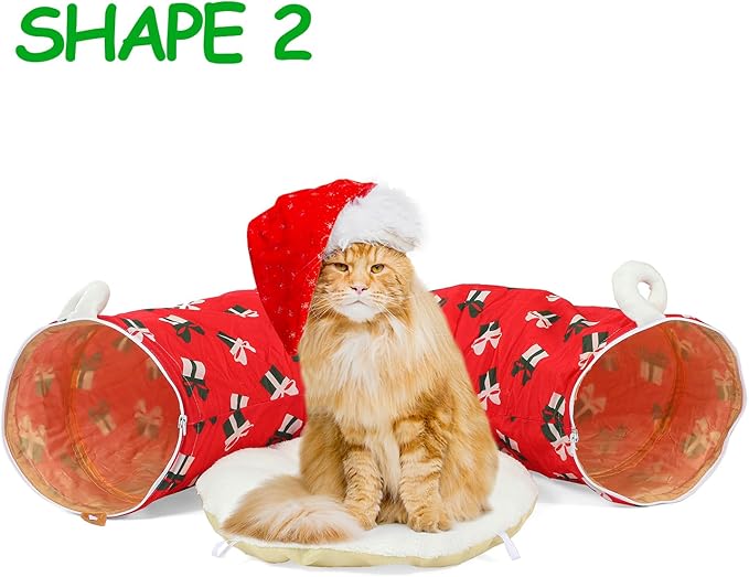 LUCKITTY Cat Tunnel Bed Under Christmas Tree 3FT x 3FT x 9.8IN - Decorative Christmas Style with Box Patterns - Red Color Perfect for Festive Felines Small Animals