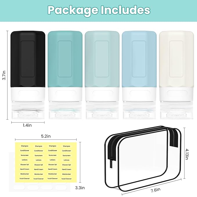 2 oz Travel Bottles, Small Size Containers, TSA Approved Silicone Toiletries Bottles, Shampoo and Conditioner Travel Kit for Women (Blue)