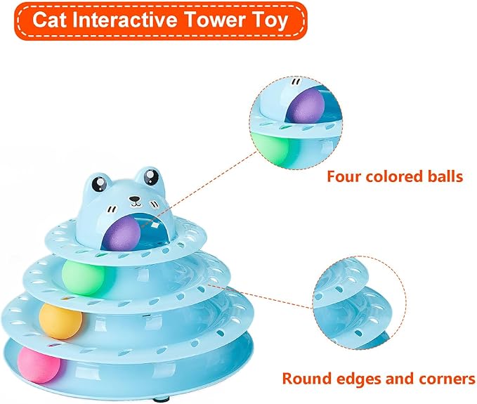 Cat Toys, 4-Level Turntable Ball Track Interactive Cat Toy for Indoor Cats, Self Play Fun Roller with Colorful Rotating Ball Puzzle Exercise Kitten Toys (Blue)