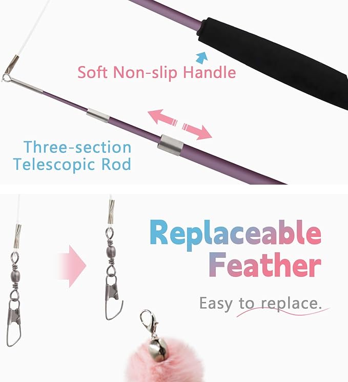 SONGWAY Cat Wand Toys for Indoor Cats - Cat Feather Toys with Retractable Cat Stick and 6 PCS Fairy Cat Teaser Toy Refills, Butterfly Tassel Plush Cat Toys Interactive, Pink