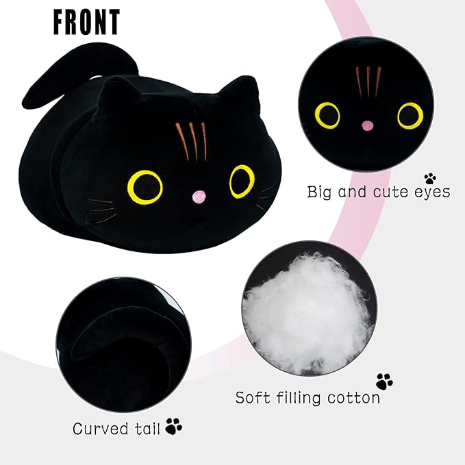 Black Cat Plush Pillow, Cat Stuffed Animal Plushies Lumbar Back Cushion, Cute Round Eyes Kitten Plush Doll Toy for Kids Home Decor Gift Boys Girls Birthday Valentines Christmas (13.8inch)