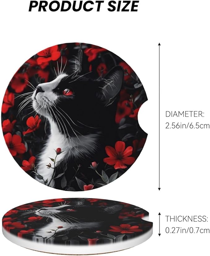 Absorbent Ceramic Car Coasters for Cup Holders, Black Cat Red Flower Design 2.56" Anti Slip Universal Drink Cup Coasters for Women Men (2 Pack)