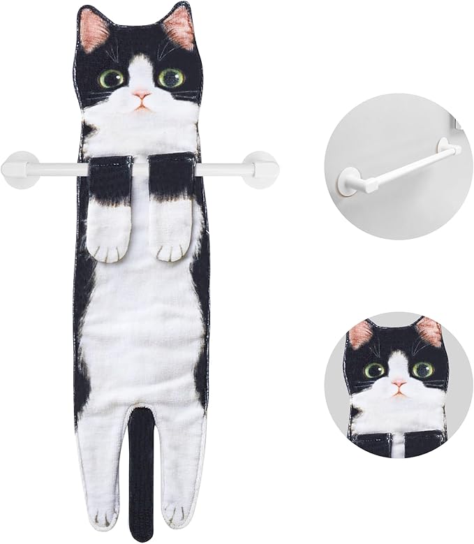 AGRIMONY Cat Funny Hand Towels with Towels Bar for Bathroom Kitchen - Cute Decorative Cat Decor Hanging Washcloths Face Towels Super Absorbent Soft - Housewarming Birthday Christmas Fun Gifts