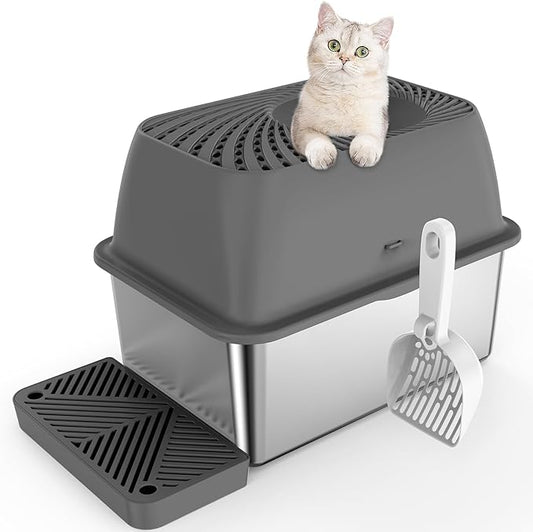 8" Deep Stainless Steel Litter Box with Lid, Top Entry Cat Litter Box for Dog-Proof, Enclosed Cat Litter Box with Footboard, Odor Control, Anti-Leakage, Non-Sticky, Easy Cleaning (Charcoal Gray)