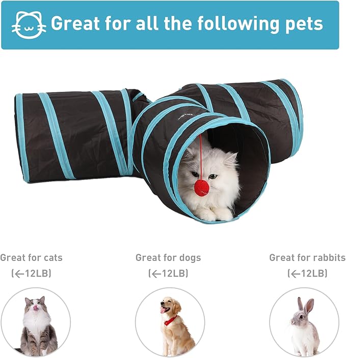 3 Way Cat Tunnel and Tube, Cat Tunnels for Indoor and Outdoor Cats, Collapsible Cat Tunnels with Peek Hole for Cat, Puppy, Kitty, Rabbit, Puppy (T-Shaped Black-Blue)