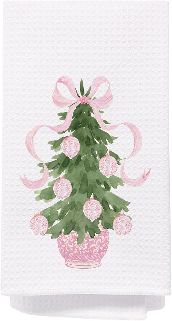 SPBL&L Chinoiserie Christmas Kitchen Towels, Pink Bow Tree Decorative Hand Towels for Bathroom, 16x24 Inch