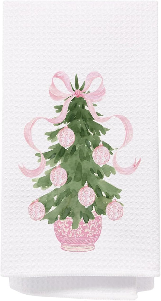SPBL&L Chinoiserie Christmas Kitchen Towels, Pink Bow Tree Decorative Hand Towels for Bathroom, 16x24 Inch