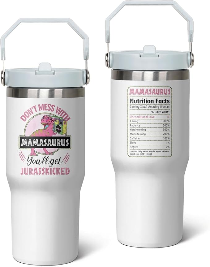 30 Oz Momasaurus Tumbler with Handle and Straw, Best Mom Cup Gifts for Mom Insulated Jurasskicked Mom Cup, Double Wall Stainless Steel Momasaurus Cup, 30 Oz Leak Proof Mama Saurus Cup for Mom Gifts