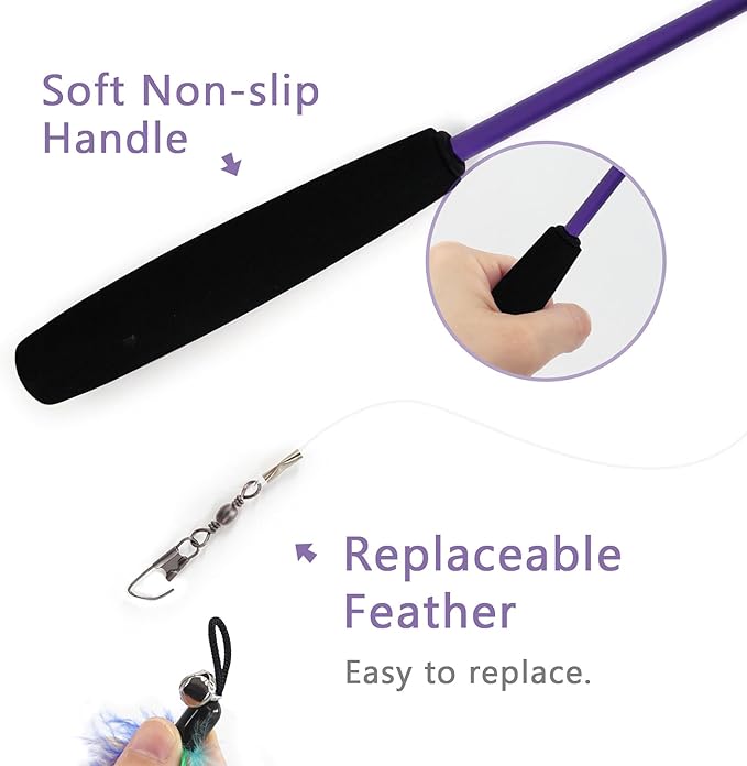 SONGWAY Interactive Cat Feather Toys - 7 Pcs Cat Toy Set, Retractable Cat Wand Toy, Teaser Refills Worm Bird Feathers with Bell, Cat Teaser Toys for Indoor Cats Kitten Play Chase Exercise, Blue