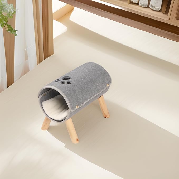 Cat Tunnel Bed, Elevated Cat Tunnel, Wooden Legs Soft Felt Plush Pad Pet Tunnel Bed Cat Peekaboo Cave for Cats, and Small Dogs, Washable Cat Play Tunnel for Hideaway