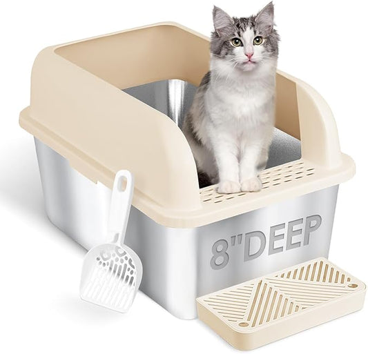 8" Deep Stainless Steel Litter Box with 49L Litter Capacity, Extra Large High Sided Cat Litter Box with Lid, Stainless Steel Cat Litter Box for Big Multiple Cats, Metal Cat Litter Pan Tray, Easy Clean