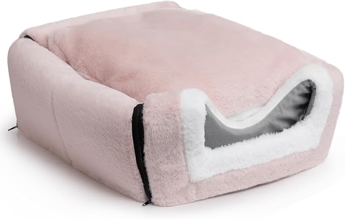Hollypet Fluffy Cat Bed, 2 in 1 Foldable Cave House Animal Shaped Nest Pet Sleeping Bed, Light Pink