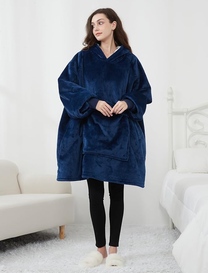 KFUBUO Wearable Blanket Hoodie for Adults Sherpa All Patterns Oversized Sweatshirt Blanket with Pockets Gifts for Mom Navy