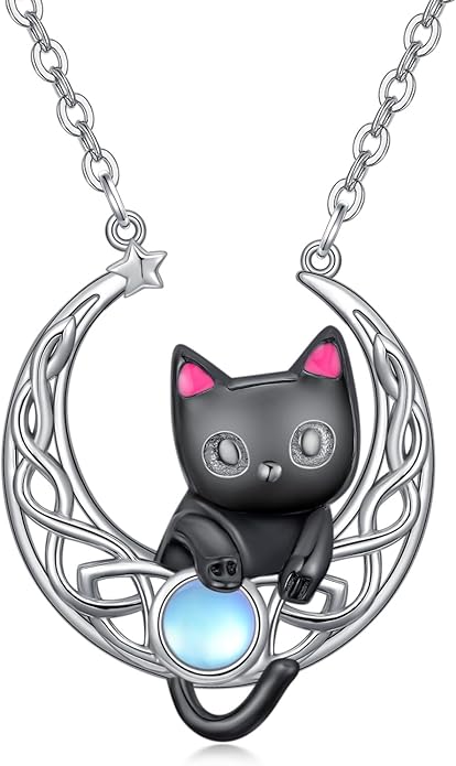 Black Cat/Dragon/Fox/Wolf Necklace 925 Sterling Silver Celtic Moon Pentagram Pendant Gothic Jewelry Goth Halloween Gifts for Women