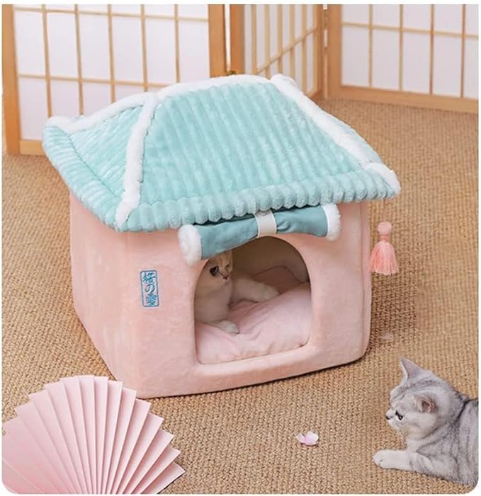 Cute Cat House,Pink Cat House with Rolled Door Curtain,Closed Cat Cave/Dog House, Washable Cat Bed,Cozy Dog Tent (Pink House)