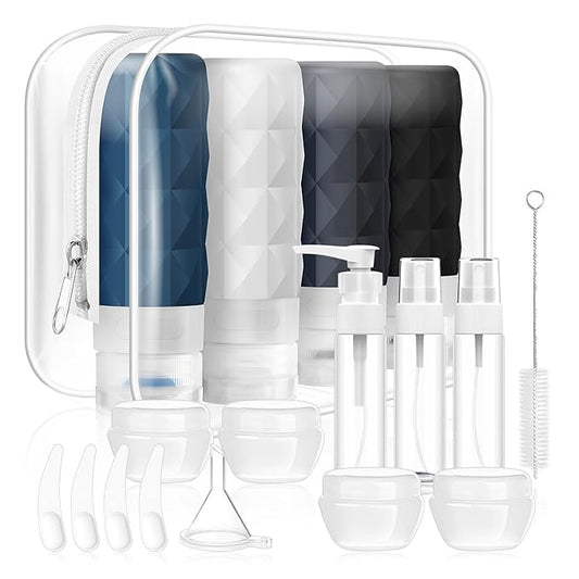 20 Pack Travel Bottles Set,Leak Proof TSA Approved Travel Size Containers, Silicone Squeezable Travel Essentials Jar Accessories for Conditioner, Shampoo, Lotion & Body Wash Accessories (Dark Color)