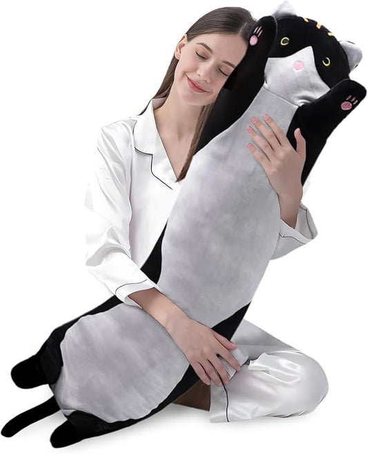 shangman Lovely Plush Cat Doll Cute Cartoon Soft Stuffed Kitten Pillow Long Throw Sleeping Pillow Doll Toy Valentines Day Gift for Kids Girlfriend (Black, 110cm/43.3in)