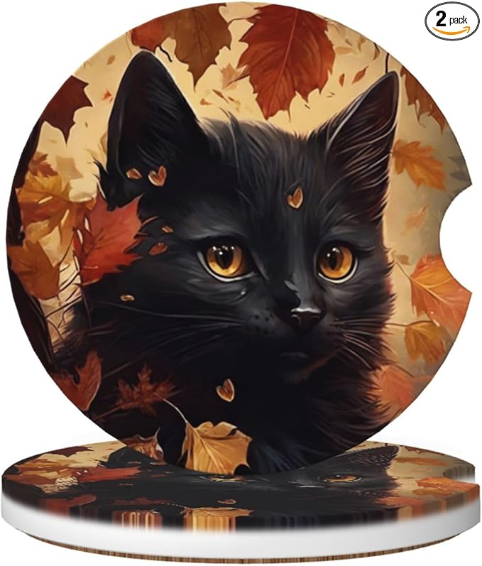 Absorbent Ceramic Car Coasters for Cup Holders, Black Cat Fall Leaf Design 2.56" Anti Slip Universal Drink Cup Coasters for Women Men (2 Pack)