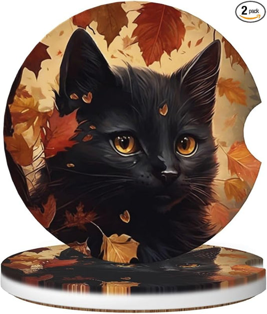 Absorbent Ceramic Car Coasters for Cup Holders, Black Cat Fall Leaf Design 2.56" Anti Slip Universal Drink Cup Coasters for Women Men (2 Pack)