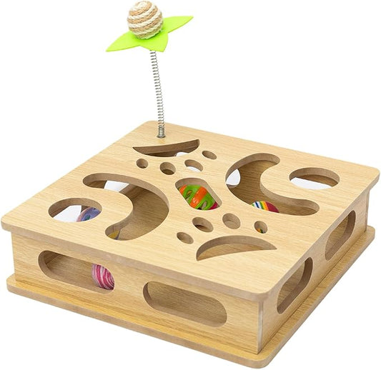 Interactive Cat Toys Puzzle Wood Box, Indoor Sports Entertainment Hunting Cat Toys, Stimulate Cat Sports Vitality (Burlywood)
