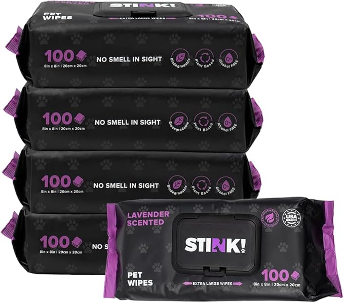Stink! Plant Based Pet Wipes - Biodegradable - Dirt and Odor Control - Grooming Wipes for Easy Cleaning on Paws Body and Bum - Lavender Scented - 8" x 8" - 400 Count - Extra Thick Paw Wipes for Pets