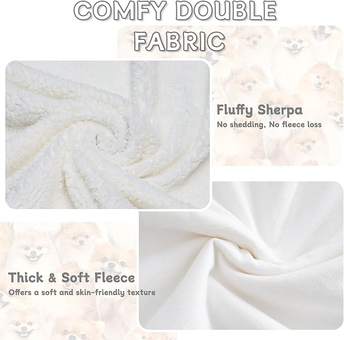 BlessLiving Pomeranian Blanket for Adults Women Twin Size Fuzzy Dogs Blanket Cute Puppy Fleece BlanketAnimal Pattern Sherpa Plush Bed Cover Couch Throw (60 x 80 Inches)
