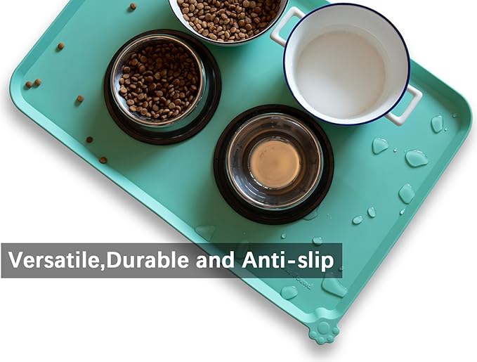 Hoki Found Large Silicone Pet Food Mats Tray - Non Slip Pet Dog Cat Bowl Mats Placemat - Dog Pet Cat Feeding Mat - Waterproof Dog Cat Food Mats -Pet Water Mats for Floors -Cool Mint