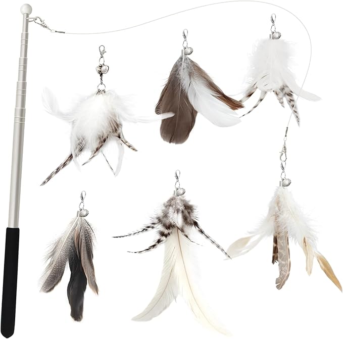 SONGWAY Cat Feather Toys Wand - 7 Pcs Interactive Cat Toys for Indoor Cat Kitten, Retractable Cat Wand Toy with 6 Natural Feather Refills with Bell, Cat Fishing Pole Toy