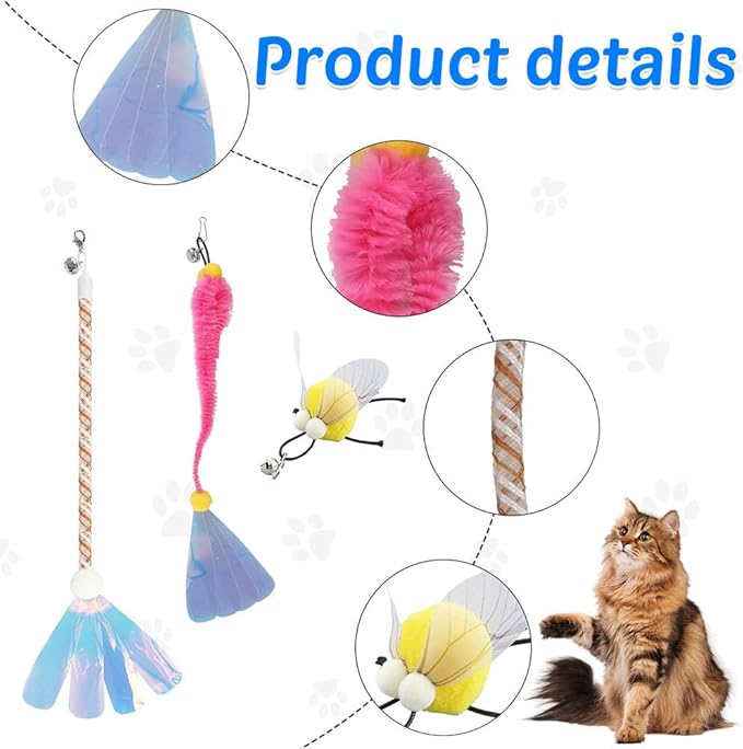 MiOYOOW Cat Wand Toy Refills, 6PCS Sequins Cat Insect Toy Interactive Cat Wand Replacement with Bells for Indoor Cats Kittens