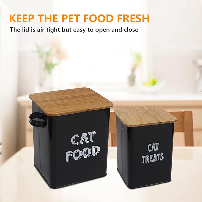 Cat Food and Treats Containers Set with Scoop for Cats or Dogs -Tight Fitting Wood Lids - Coated Carbon Steel - Storage Canister Tins-Cat-Black