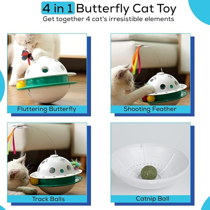 Interactive Cat Toys for Indoor Cats 4 in 1, Flying Butterfly, Shooting Feather, Catnip Balls, Automatic Kitten Toy, Dual Power Supplies & Stylish Design (Green)