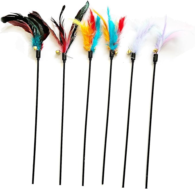 IUHKBH Cat Wands, 6 PCS Interactive Cat Feather Toys Cat Teaser with Bell - 18'' Long Feather Wand for Cat and Kitten