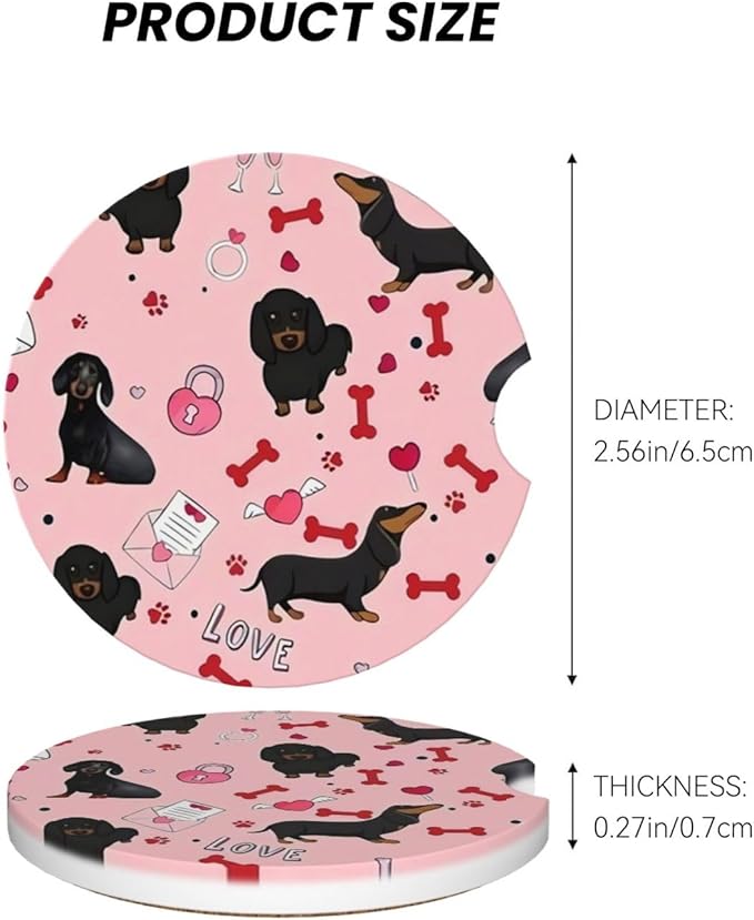 Absorbent Ceramic Car Coasters for Cup Holders, Cute Pink Dachshund Design 2.56" Anti Slip Universal Drink Cup Coasters for Women Men (2 Pack)