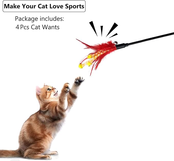 IUHKBH Cat Wand Toys, 4 PCS Interactive Cat Teaser Wand Cat Feather Toys with Color Vary Feather and Bells - 20" Long Wand for Cat and Kitten