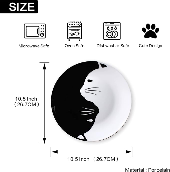 Black and White Cat Porcelain Plate Set, Best Gift For Cat Lover (10.5-inch dinner plate set)
