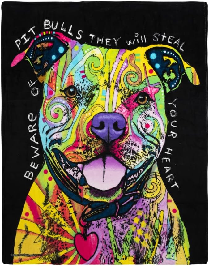 Dawhud Direct 50 x 60 Inch Pitbull Fleece Blanket Throw with Dean Russo Dog Art - Soft and Colorful Pitbull Blankets for Adults, Kids, Bed Couch Sofa Travel - Thoughtful Gift for Dog Lovers