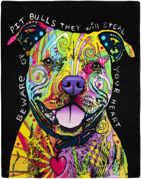 Dawhud Direct 50 x 60 Inch Pitbull Fleece Blanket Throw with Dean Russo Dog Art - Soft and Colorful Pitbull Blankets for Adults, Kids, Bed Couch Sofa Travel - Thoughtful Gift for Dog Lovers