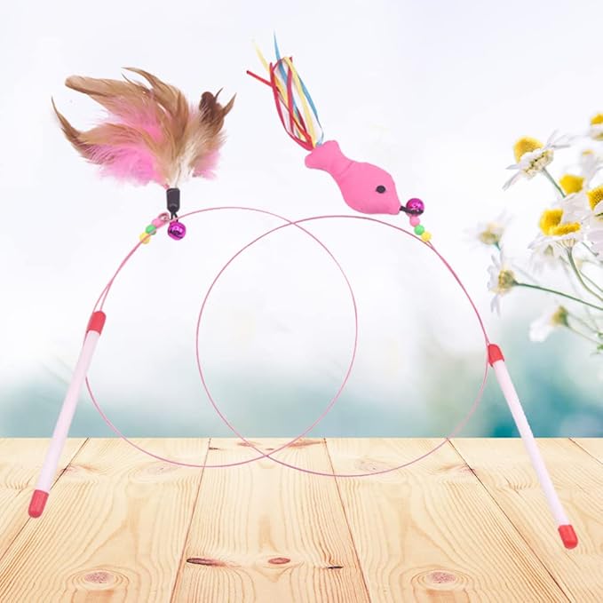Cat Feather Toy Fishing Pole Toys, Interactive Cat Toys Wand, Bundle of 2 Pack Pet Cat Kitten Chaser Teaser Wire Wand with Bell Beads for Cat Exercise Play Fun