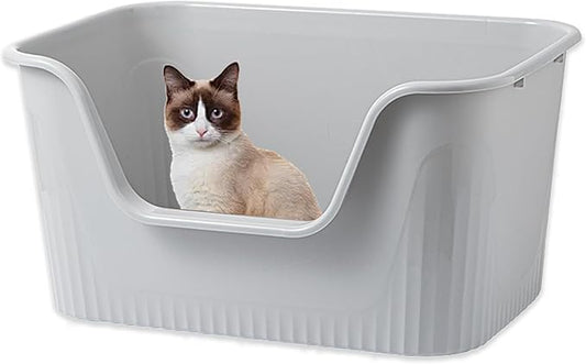 High Sided Large Cat Litter Box, Open Kitty Litter Box with High Sides, 21.5”×15.4”×10.5” High Wall Litter Box for Small and Medium Cats (Grey)