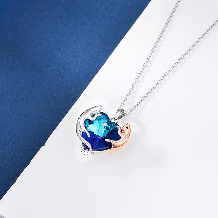 AOBOCO Valentine Cat Necklace for Women 925 Sterling Silver Cat Pendant Necklace Embellished with Crystals from Austria Jewelry Gifts for Cat Lovers