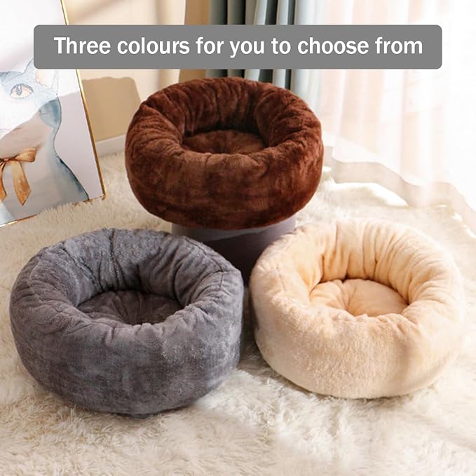 Cat Beds for Indoor Cats,Fluffy Donut Cat Bed Non -Slip Cat Bed Small Dog Bed Self Warming Pet Bed Cat Beds & Furniture Round Anti Anxiety Kitty Bed (White L)