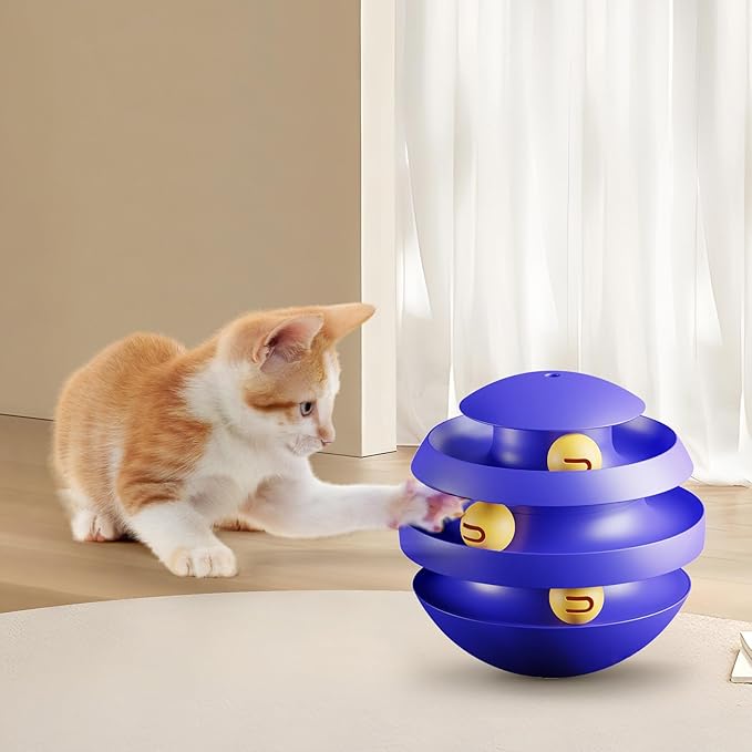 Interactive Cat Toy, 3-Tier Track Ball Toy for Cats, Tumbler Base with Moving Balls, Keeps Cats Entertained and Active (Blue)