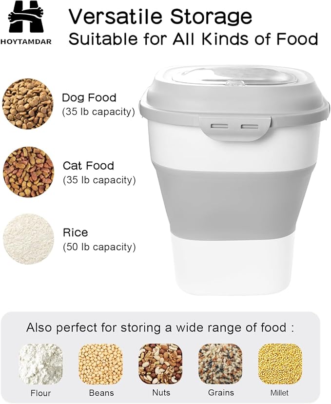 35LBS Collapsible Dog Food Storage Container, Pet Dog Pantry Large Containers Bin with Wheels,Scoop & 2pcs Food Storage Containers, Kitchen Cereal Flour Rice Leakproof Dry Holder-Grey