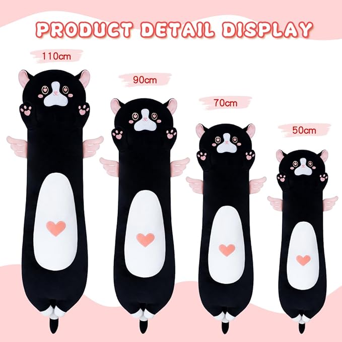 Long Plush Toy Cat Pillow Cute Plush Cat Toy Doll Stuffed Animal Cat Hugging Pillow for Sleeping Gift for Kids and Girls(Black&Pink,110cm/43.3in)