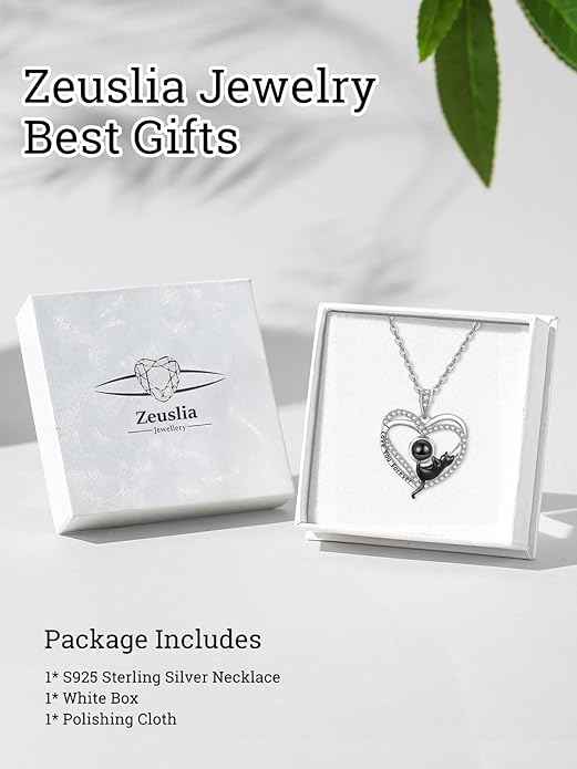 Birthstone Cat Necklaces,925 Sterling Silver Cat Necklace Heart Pendant for Women,Dainty Animal Jewelry for Her,Wedding Anniversary Birthday Gifts for Women Mom Grandma